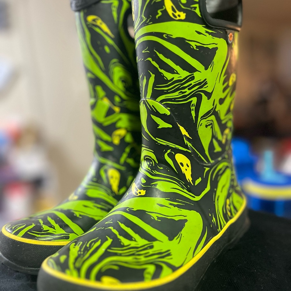 Green and Black Knee High Rain Boots with Glossy Finish and Abstract Pattern